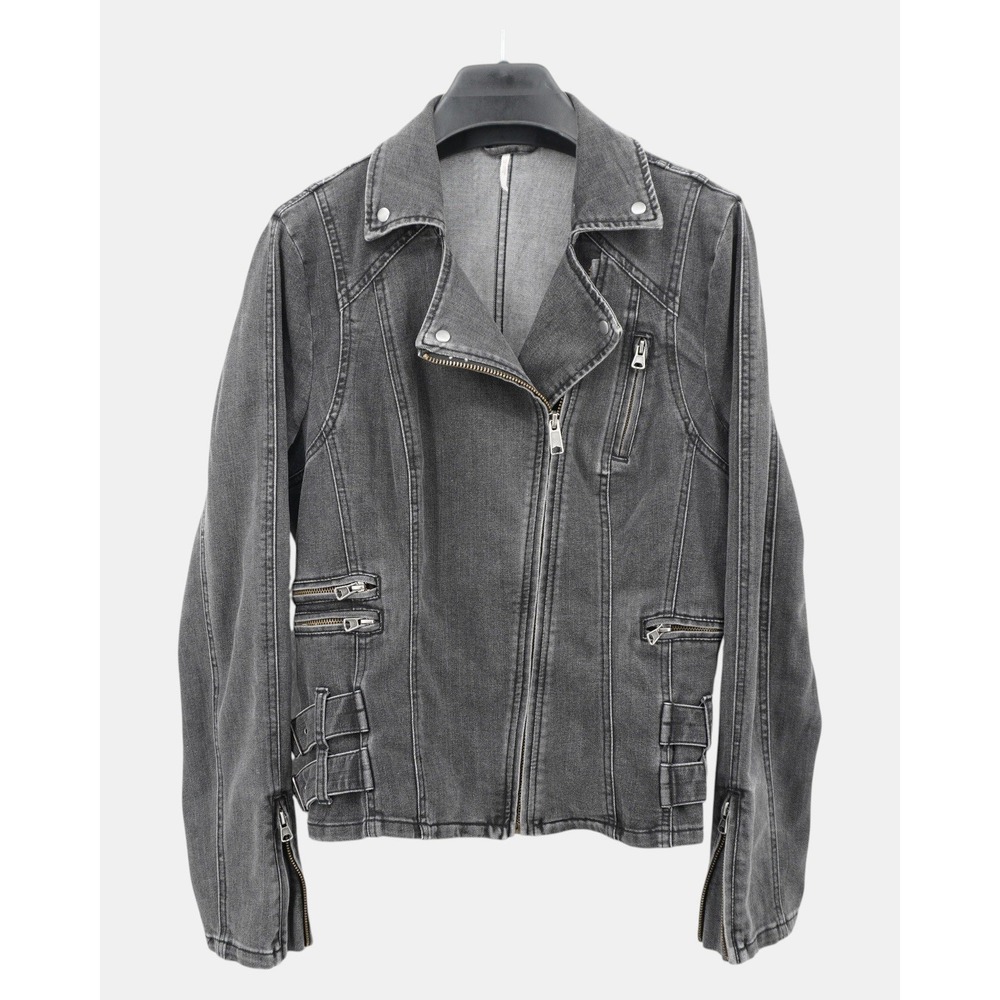 Free People Denim Moto Jacket Women's 12 Gray Zip Buckle Motorcycle - Picture 1 of 9